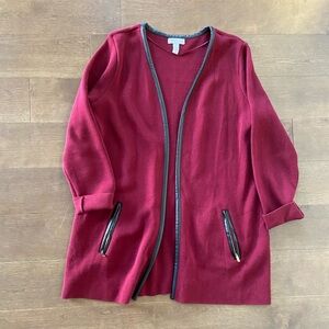 Sweater Jacket Red Maroon with Faux Leather Trim
